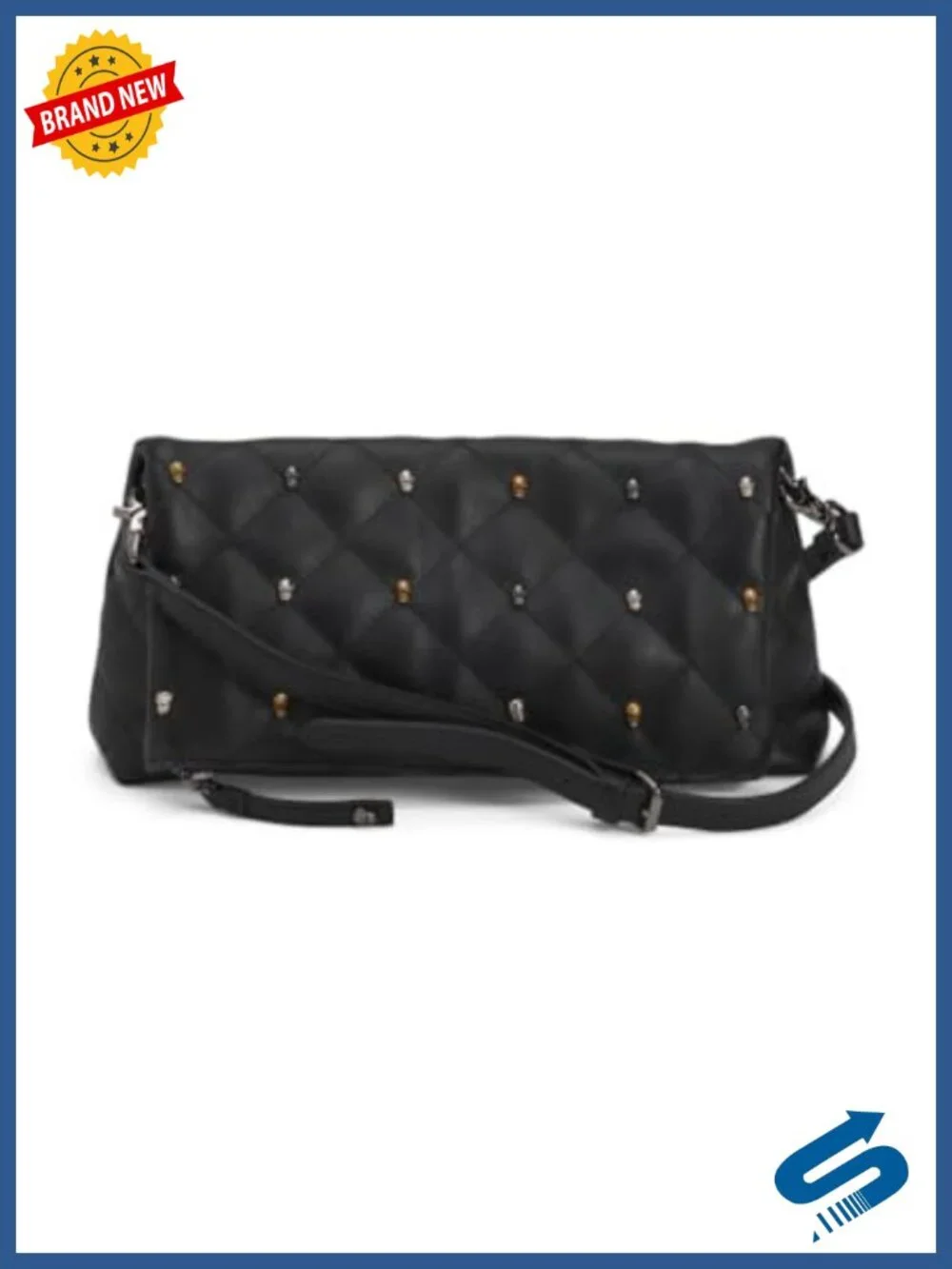 Quilted Faux Leather Convertible Flap Crossbody with Skull Studs